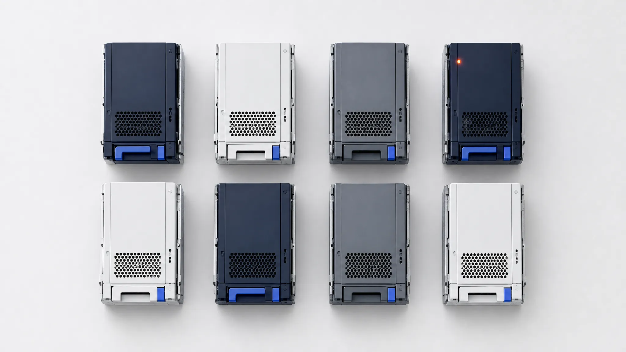 Top-down flat-lay of labeled server rack modules, one highlighted