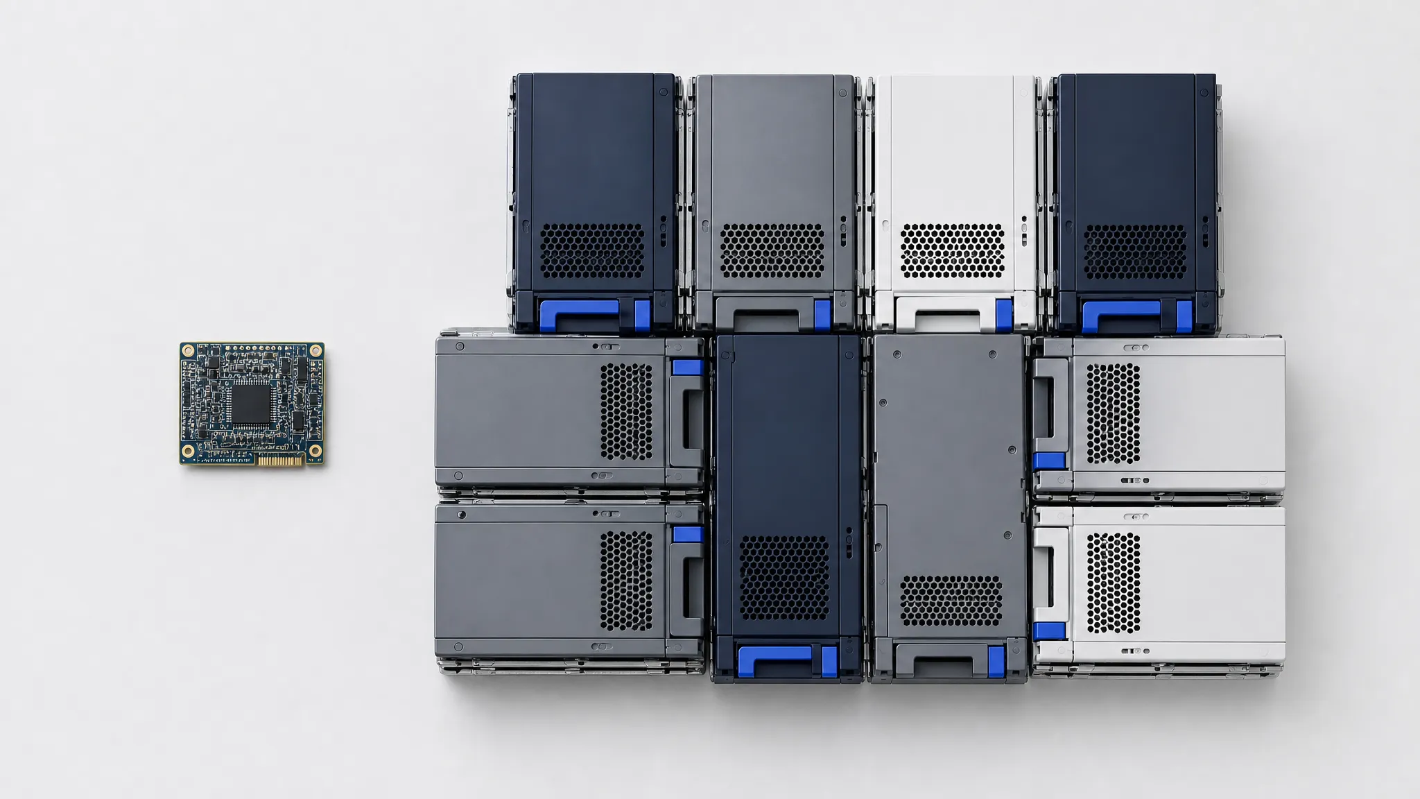 Small circuit board beside a large server cluster, representing the deployment-scale gap